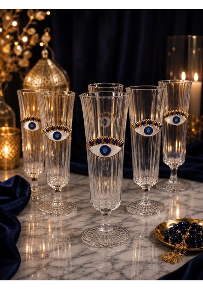 6 Lı Kristal Cam Nazar Göz Kahve Yanı Bardağı Su Bardak 150ml Şeffaf