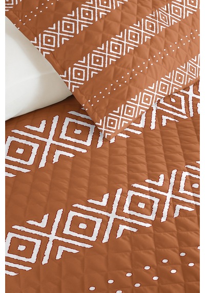 Kahverengi Geometrik Bohem Tek Kişilik Pike Takımı - Beyaz Etnik Modern 160x220 Cm Yatak Örtüsü Narin Eşik Uyumu