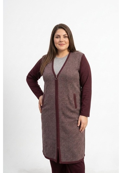Onno Style Women Desenli Çelik Örgü Triko Uzun Kadın Ceket Bordo