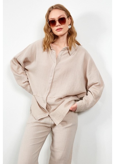Manche Müslin Uzun Yıkamalı Oversize Rahat Kalıp Parçalı Kadın Düz Basic Gömlek Bej Mks166905-01 Manche Müslin Uzun Yıkamalı Oversize Rahat Kalıp Parçalı Kadın Düz Basic Gömlek Bej Mks166905-01