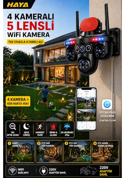 Mpıa Haya 4 Kameralı 5 Lensli Wifi Kamera 3 Ptz 10x Optik Zoom Ip66 Gece Görüş