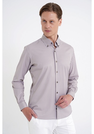Slim Fit Pötikare Baskılı Pamuklu Yaka Düğmeli Vizon Gömlek G 1604