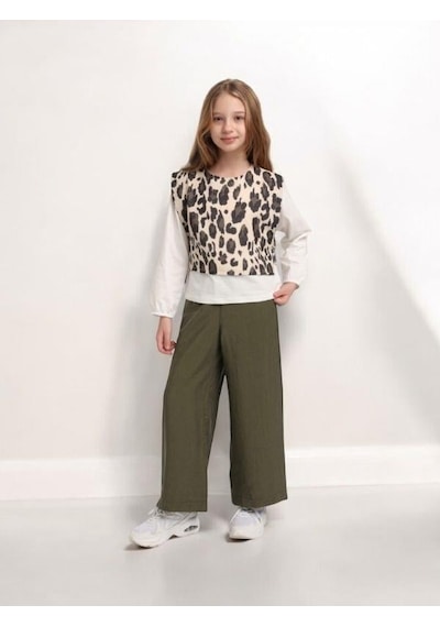 Escabel Kız Çocuk Leopar Bluzlu Pantolon Takım-15591 Haki
