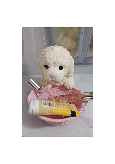 El Yapımı Dekoratif Köpek Biblo,pembe Sepetli Beyaz Fino.