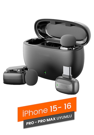 Profesyonel Kablosuz Yaka Mikrofonu Apple Uyumlu iPhone 15/16 Siyah