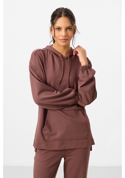 Kahverengi Yumuşak Dokulu Kapüşonlu Oversize Kadın Eşofman Tunik Takım - 95348 Kahverengi