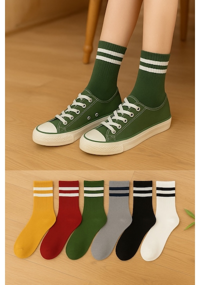 Worthy Socks 6'lı Kadın Çizgili Renkli Kolej Spor Çorap Seti Tenis Stili 6 Çift Çok Renkli