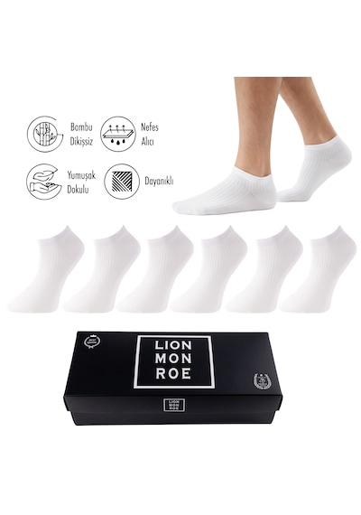 Lion Monroe Saf Bambu Erkek Patik Düz Kısa Beyaz Çorap Dikişsiz Premium Kutulu 6'lı L5952aznp Softaura