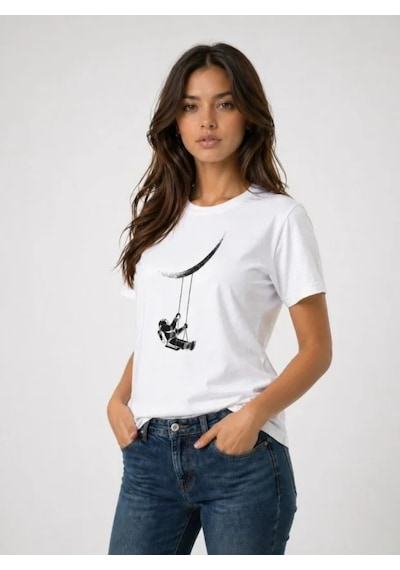 Dogutrend Astronot Ay Temalı Tişört Kısa Kol Yazlık Bisiklet Yaka T-shirt - Beyaz
