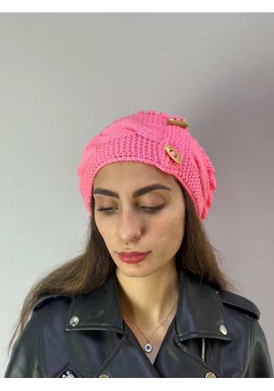 Gönülden Tasarım El Örgüsü Çoban Düğmeli Kadın Bere Pembe