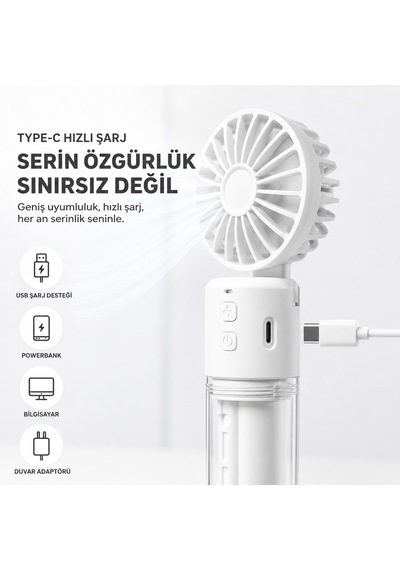 Mini Fan Şarjlı El Fanı Beyaz Boyuna Asmalı Usb Type-c Şarjlı 4 Kademeli Taşınabilir Vantilatör Serinletici Fan