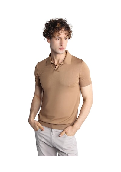 İgs Vizon Slim Fit Dar Kalıp Polo Yaka Düz Kısa Kollu Triko Tişört-16332 Bej
