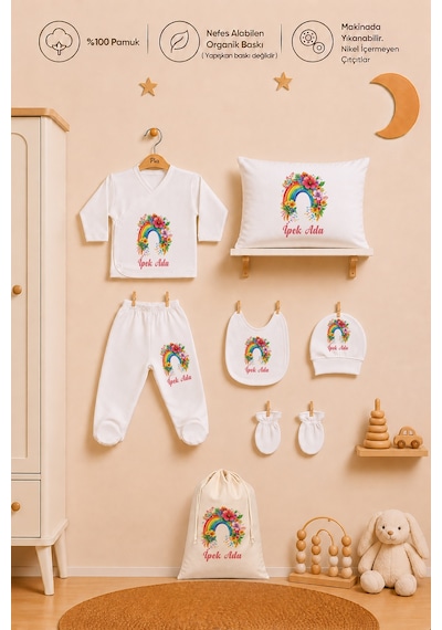 Pia Baby Kız Bebek Hastane Çıkışı 8 Parça %100 Pamuk İsimli Organik Baskılı Kese Hediye Zıbın Seti 1005zybk0x Krem