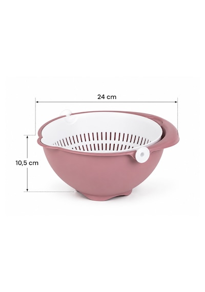 Porsima 1312 Aqua 360 Derece Döner Çift Katlı Mutfak Süzgeci 24 Cm - Kulplu Meyve, Sebze Ve Pirinç Yıkama Süzgeçli Kase Pudra Pudra Pembe