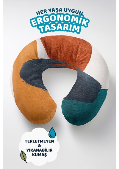 Soyut Renk Bloklu Ergonomik Boyun Yastığı - Modern Turuncu Yeşil Siyah Seyahat Yastığı Sedefli Fırtına Bebek Mavisi