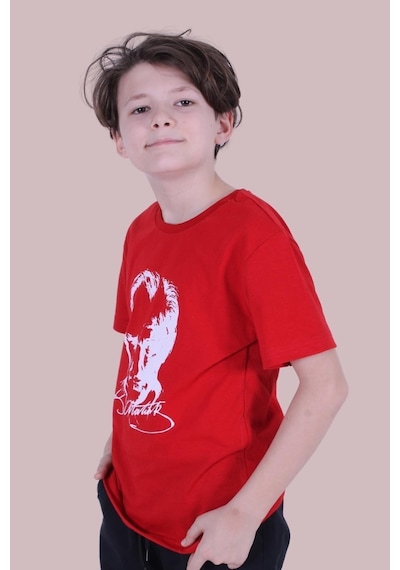 Panios Kids Imzalı Atatürk Baskılı Unisexs T-shırt Kırmızı - Beyaz