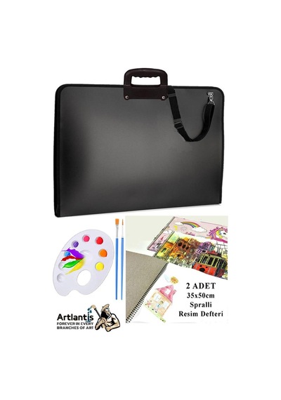 Resim Çantası 35x50 Cm Resim Defteri Palet Fırça Seti 1 Paket Siyah Resim Proje Çantası Fermuarlı Kulplu 37x54 Cm