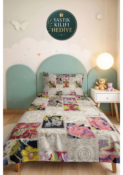 Çiçekli Patchwork Bej Tek Kişilik Pike Takımı - Vintage Krem Pembe 160x220 Cm Mevsimlik Yatak Örtüsü Kırsal İpek Dengesi