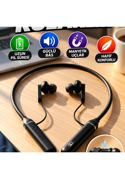 Kablosuz Boyun Askılı Stereo Kulaklık Uzun Pil Süresi, Güçlü Bas Ve Manyetik Uçlar 00