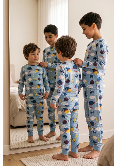 Zuzunga Kısa Kollu Planet Pattern Erkek Çocuk Pijama Takımı Mavi