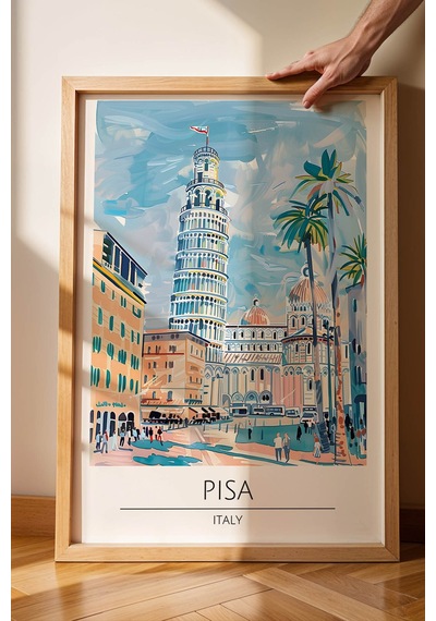 İtalya Pisa Duvar Tablosu Pisa Kulesi Temalı Modern Salon Duvar Dekoru, Çerçeveli Poster Tablo Kayın