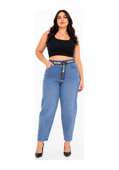 Zanessi Fashıon Büyük Beden Denim Kemerli Yüksek Bel Mom Kadın Pantolon Mavi