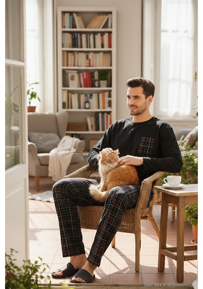 Buratti  Ekoseli Cepli Beli Lastikli % 100 Pamuk Regular Fit Erkek Pijama Takımı 6572001 Siyah-Füme