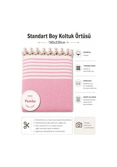 Pamuklu Kaymaz Hasır Dokuma Koltuk Örtüsü 180x220 - Pembe