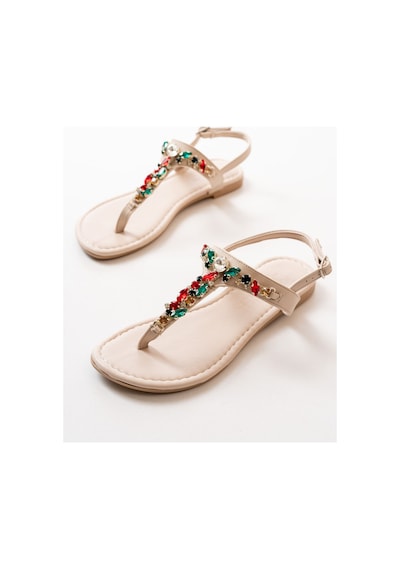 152-1110 Bej Multi Taşlı Parmak Arası Kadın Sandalet Vizon