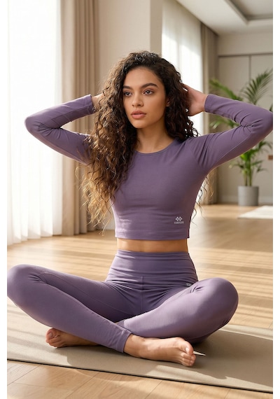 Tommylife Eflatun Yüksek Bel Uzun Kollu Slim Fit Crop Top Kadın Tayt Takım - 95286