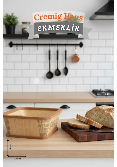 Geleneksel Tasarım Ekmeklik Kare Ahşap Ekmek Sepeti Akça Desenli Çok Renkli