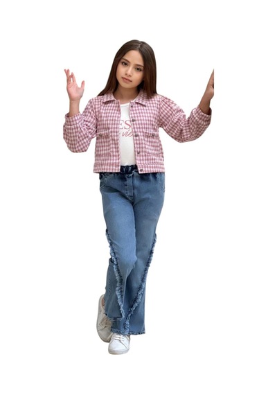 İrem Kız Çocuk Cest Yazılı Kazayağı Desenli Pantolonu Püskül Detaylı Ceket Tişört Kot Pantolon Üçlü Takım Çok Renkli İrem Kız Çocuk Cest Yazılı Kazayağı Desenli Pantolonu Püskül Detaylı Ceket Tişört Kot Pantolon Üçlü Takım Çok Renkli