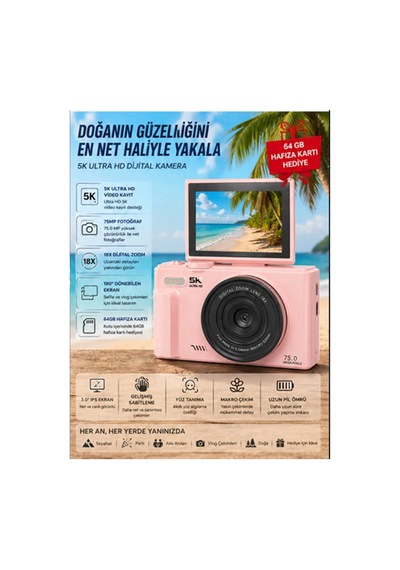 5k 75mp Hd Dijital Kamera 18x Dijital Zoom, Flaşlı,3.0 İnç Ekranlı Vlog Ve Fotoğraf Makinesi Çok Renkli
