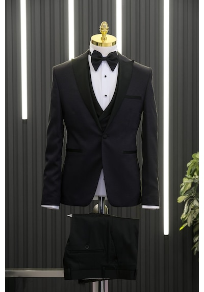 Slimfit Skinny Kesim Desenli Sivri Sabit Yaka Yelekli Papyonlu Smokin Takım Elbise 001