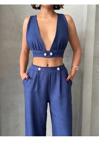 By Mop Crop Pantolon Keten Takım S255012 Lacivert