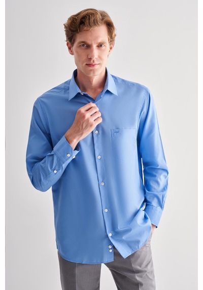 İmza Saks Sert Yaka Uzun Kol Easy To Iron Comfort Fit Pamuklu Gömlek 1004255182 - Saks
