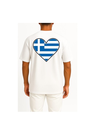 Bahriyeli Collection Oversize Flag Of Greece Graphy, Greece Cep Ve Sırt Tasarımlı Unisex T-shirt Beyaz