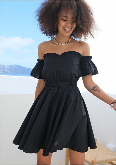 Fashion Cocktail Doğal Keten Kumaşlı Puf Kol Kabarık Straples Elbise Siyah