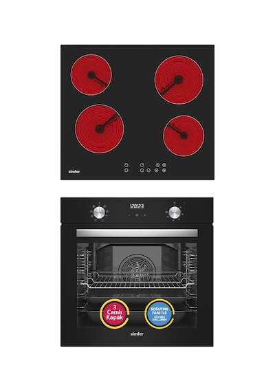 Simfer 9 Fonksiyon QS Siyah Dijital Power Turbo Elektrikli 2'li Ankastre Set (Fırın + Elektrikli Ocak)
