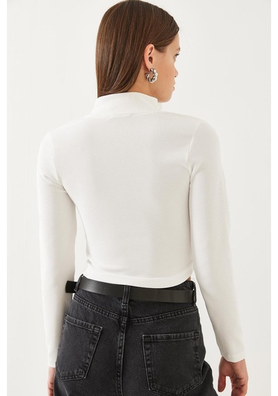 Shade Kadın Balıkçı Yaka Yarım Fermuarlı Fitilli Crop Bluz 60351019 - Beyaz