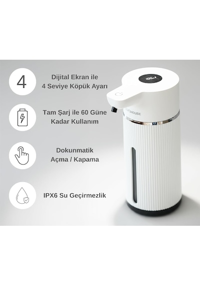 Otomatik Sensörlü Köpük Sıvı Sabunluk - Şarjlı- Dijital Led Ekran - Duvara Monte - E15 Model B Beyaz