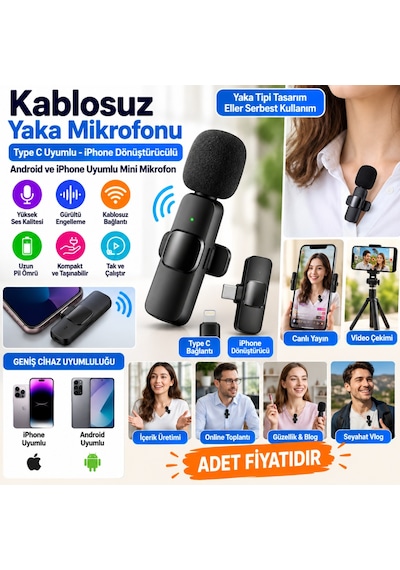 Kahveci.store Type C Uyumlu İphone Dönüştürücülü Kablosuz Yaka Mikrofonu Android Ve İphone Uyumlu Mini Mikrofon Adet Fiyatıdır 22
