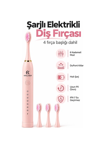 Exenar - Pembe - Şarjlı Elektrikli Diş Fırçası Dupont Yumuşak Kıllı 6 Mod 4 Yedek Başlıklı Ipx7 Su Geçirmez