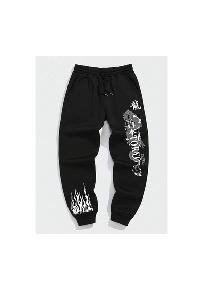 Tarzsokak Letter & Fire Print Drawstring Waist Eşofman Altı Siyah