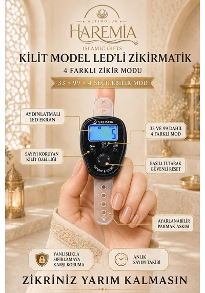 Kilit Özellikli Ledli Zikirmatik 4 Modlu Dijital Zikirmatik Işıklı Sayaç Tesbih Siyah Sarı