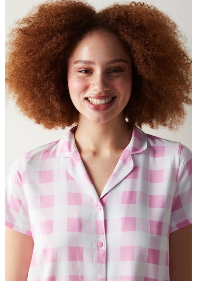 Penti Gingham Pembe Gömlek Pantolon Pijama Takımı Pembe