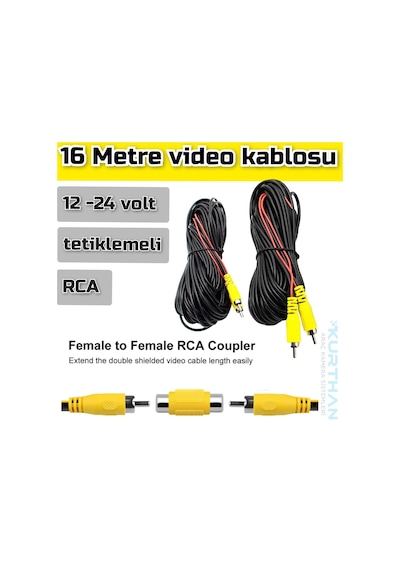 16 Metre Araç Kamerası Video Kablosu Tetiklemeli Rca Soket
