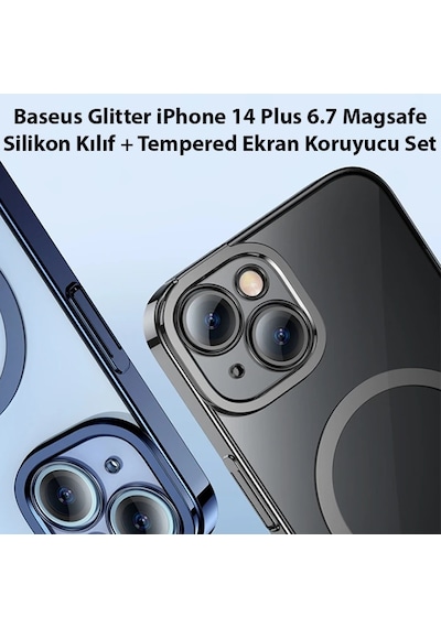 Baseus Glitter Apple iPhone Uyumlu 14 Plus 6.7 Magsafe Silikon - Kılıf + Tempered Ekran Koruyucu Set- 5775 Mavi