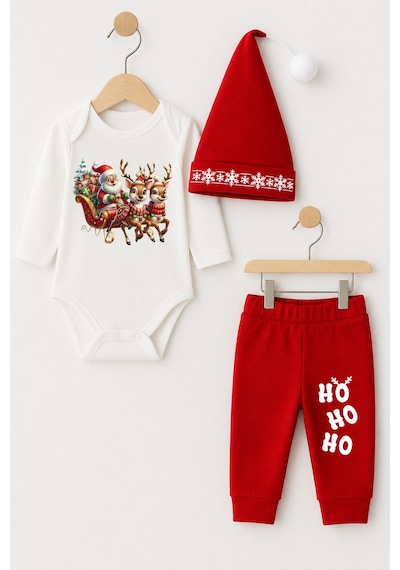 Babyden's Bebek Yılbaşı Noel Kıyafeti 3 Lü Takım,noel Baskılı Uzun Kollu Body ,kırmızı Pantolon,ponponlu Şapka Unisex Kırmızı - Beyaz