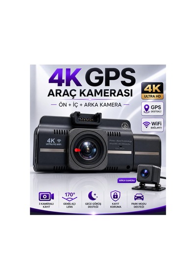 Tr 4k 3 Kameralı Araç İçi Kamera, Ön İç Arka Dash Cam, 4k Ultra Hd Ön Kamera, 1080p İç Ve Arka Kamera, Gps Des